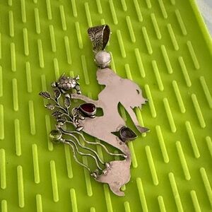 Beautiful Silver 31/2” Mermaid Pendant w Stones